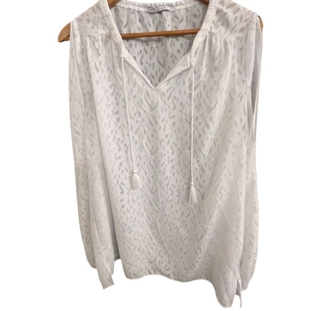 Tahari Blouse Womens M White Burnout Cold Shoulder V-Neck Tassel Tie